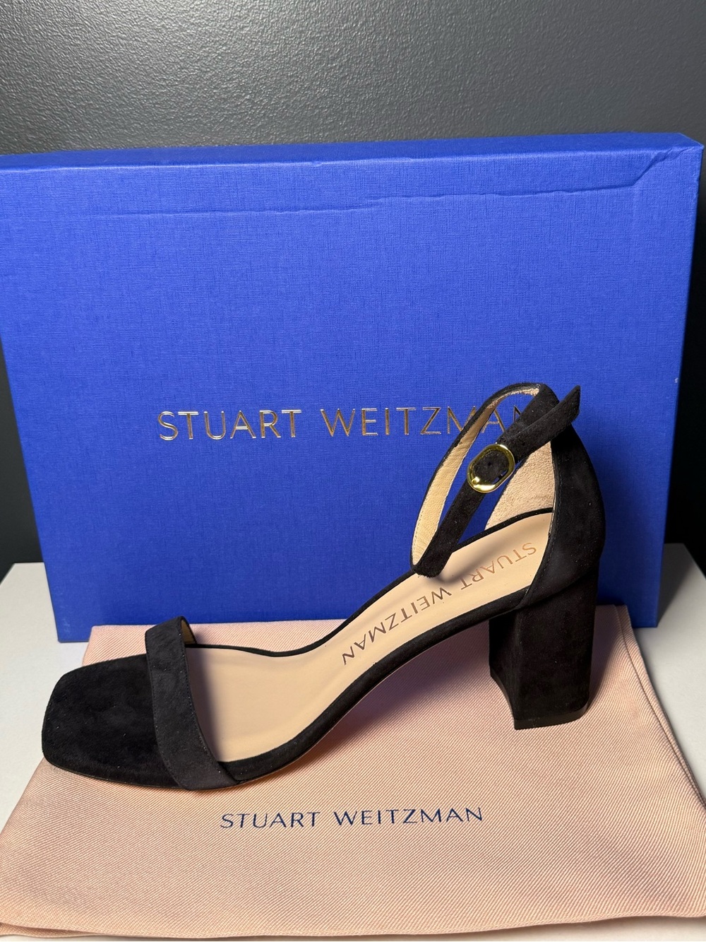 Stuart Weitzman Black Suede Block Heel Sandals with Ankle Strap